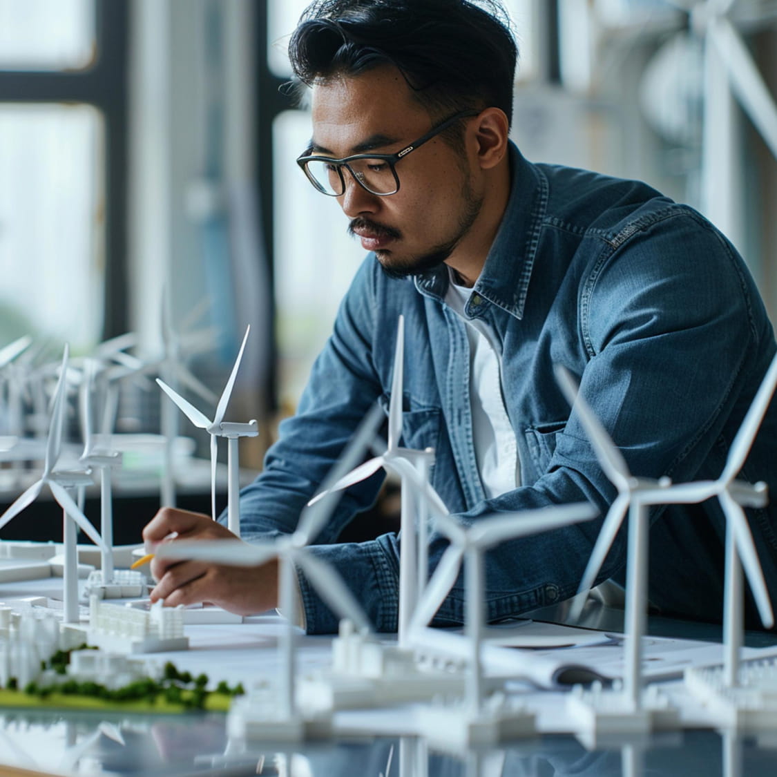 Engineer examining a scale model of a wind farm